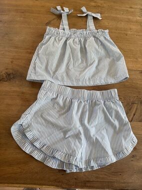 Blue & White Striped Tie-Shoulder Tank and Shorts Set